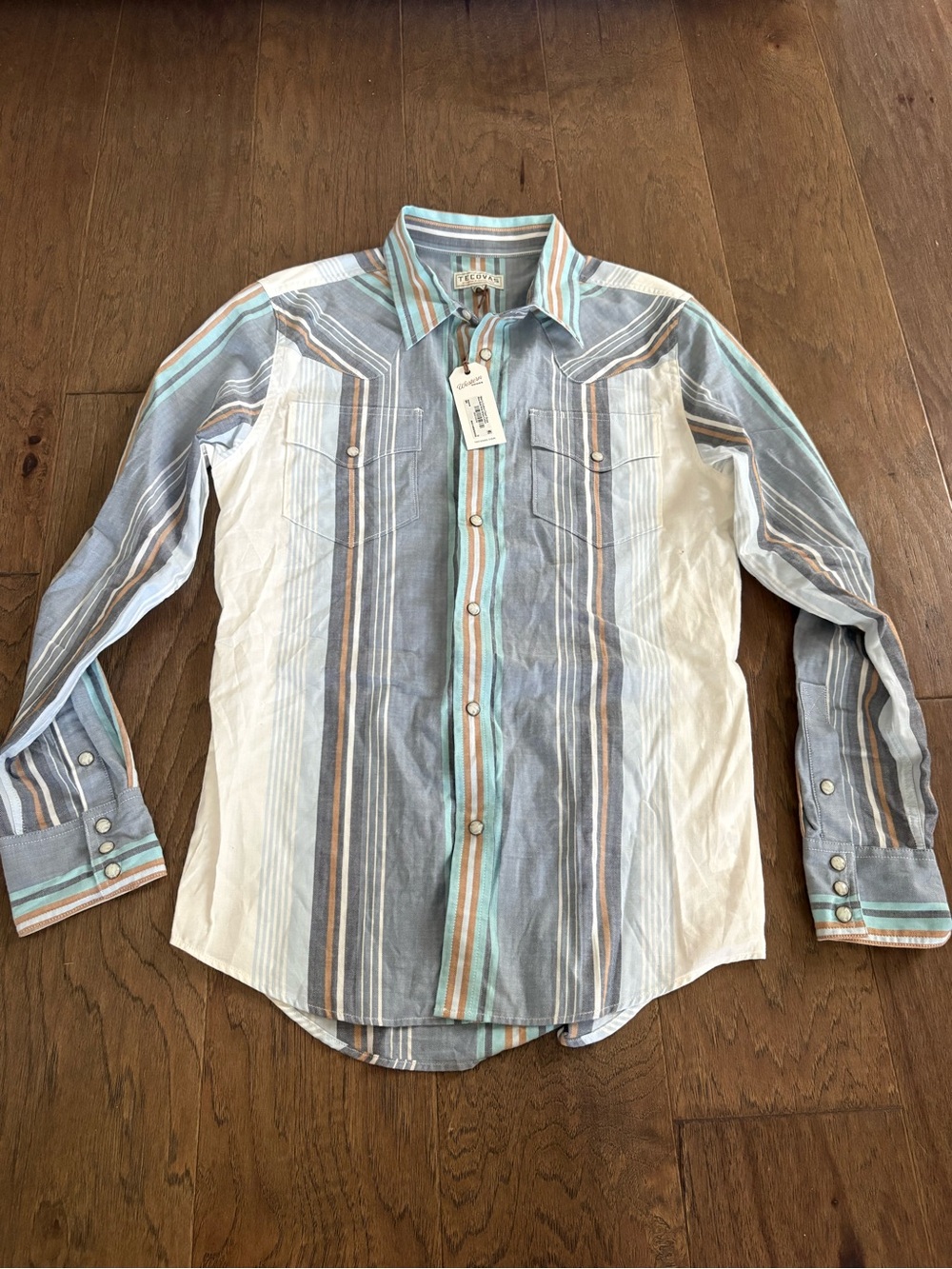 Tecovas $88 Men's Striped Button-Down Shirt in Blue, White & Brown Pearl